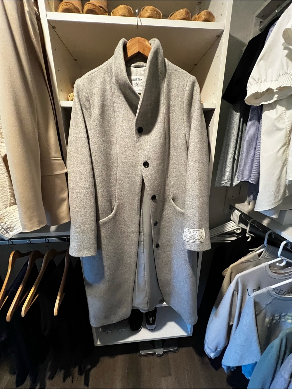 Aritzia Light Gray Wool Blend Pea Coat with Stand Collar